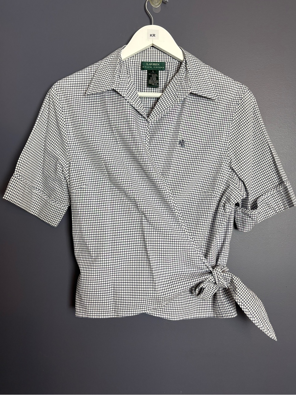 Lauren Ralph Lauren Gingham Wrap Shirt Side Tie Navy Blue White Large Preppy